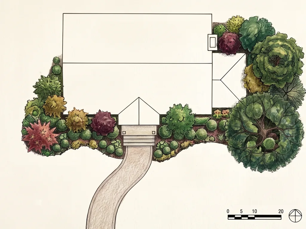 The landscape plan for this front yard, drawn from above, with every planting in color.