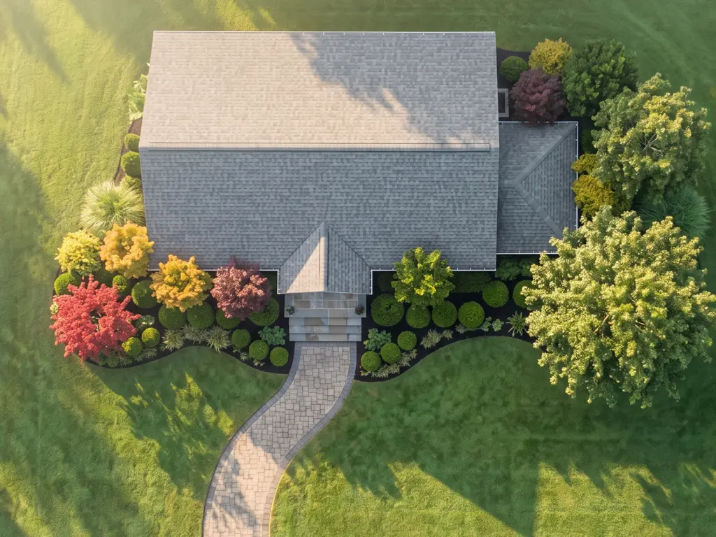 The same front yard from above, planted: a large shade tree, a red Japanese maple, purple and gold shrubs, clipped boxwoods, and ornamental grasses in mulched beds along a paver walk.