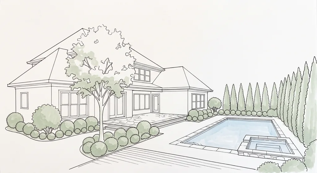 The landscape plan for the same yard, drawn in ink, with every planting washed in green.
