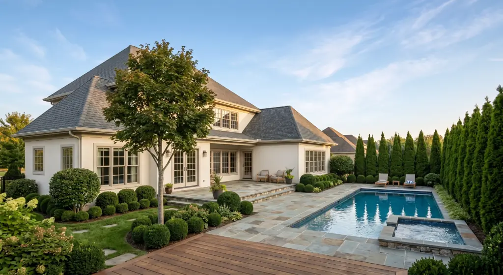 The finished yard: a rectangular pool and spa on a stone patio, a wood deck, rounded boxwoods and hydrangeas, a young maple, and a row of tall arborvitae as a privacy screen.
